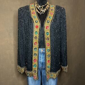 Laurence Kazar Beaded Silk Jacket Black Gold Embellished Open Front XL